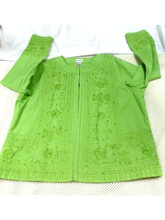 Chico's Jackets & Blazers - Chicos Carrie Ann Gecko Embellished Green Jacket Size 3 Beaded Floral Design NWT